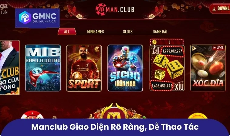 Manclub giao diện rõ ràng, dễ thao tác