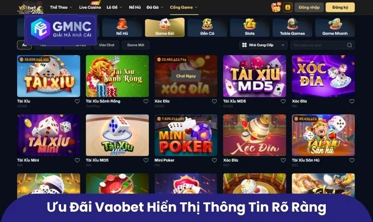 Ưu đãi Vaobet hiển thị thông tin rõ ràng